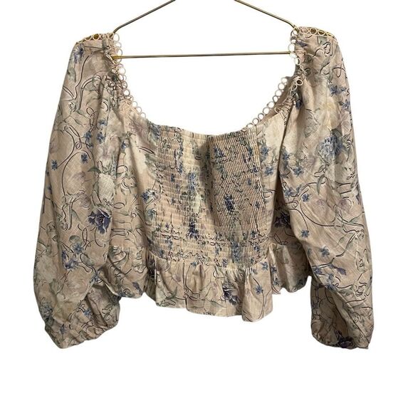Express Floral Off the Shoulder Corset Peplum Top Balloon Sleeves Linen Blend XL - Picture 6 of 8